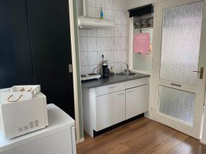 a small kitchen with a sink and a microwave at De Drie Berken in Klazienaveen