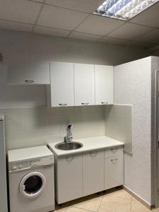 una cucina con lavello e lavatrice di Apartman Marija a Ulcinj