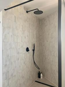 y baño con ducha con cabezal de ducha. en Renovated cinema town house in Comares, en Málaga