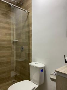 Aparta Suites 503 Granada Cali في كالي: حمام مع مرحاض ودش زجاجي