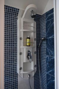 een douche in een badkamer met blauwe tegels bij Holiday Home Ribno - Bled in Bled