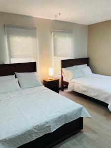 a bedroom with two beds and a lamp on a table at Apartamento Ganesha Liberia in Santa Ana