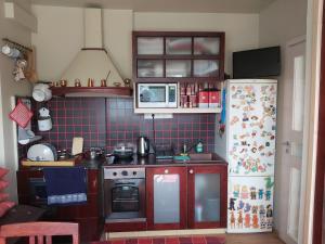 una pequeña cocina con fogones y nevera. en Perepuhkus Apartment, en Pärnu