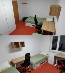 Cette chambre comprend deux lits, un bureau et des chaises. dans l'établissement Apartma VAL - Maribor, à Maribor