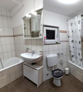 une salle de bain avec un lavabo, des toilettes et une baignoire dans l'établissement Apartma VAL - Maribor, à Maribor