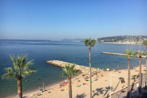 plaża z palmami i ludźmi w wodzie w obiekcie Studio 29 M With Terrace And View On The Beach w mieście Antibes