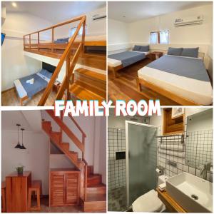 a collage of photos of a bedroom and a family room at White Bada Guesthouse in Siquijor