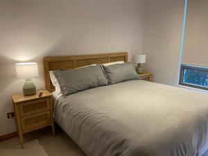 a bedroom with a bed and two lamps on a night stand at Playa Pucon in Pucón