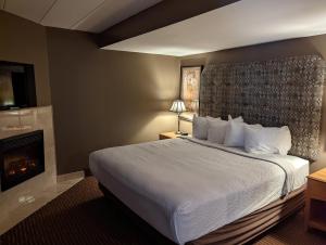 um quarto de hotel com uma cama e uma lareira em Days Inn by Wyndham Birch Run em Birch Run