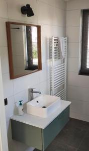 a bathroom with a white sink and a mirror at Green Hills home in Ewijk +10 photos