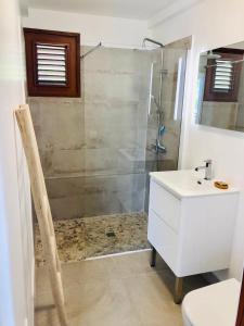 bagno con doccia, lavandino e servizi igienici di Magnifique Villa Bauhinia, Piscine vue mer a Sainte-Luce
