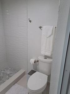 a white toilet sitting in a bathroom next to a shower at Home San Juan in San Juan