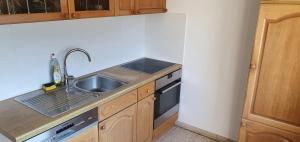 Una pequeña cocina con fregadero y estufa. en Positano Apartments, en Rosenheim