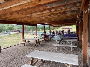 Elk Creek Resort في Piedmont: مجموعة من طاولات النزهة في جناح مع الناس +16 صورة