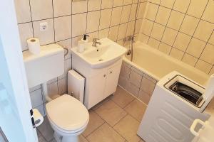 a small bathroom with a toilet and a sink at Apartments Halle West in Nietleben