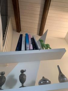 Une étagère avec des livres et un dinosaure jouet sur elle dans l'établissement La casetta rossa, à Rimini