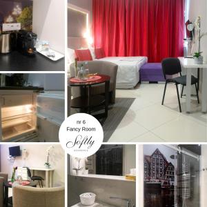 een collage van foto's van een woonkamer en een kamer met een rood gordijn bij Softly Residence in Bydgoszcz