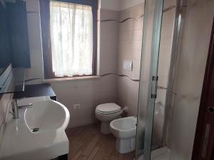 een badkamer met een toilet, een wastafel en een douche bij Country Love Dragona House tra mare e città in Acilia