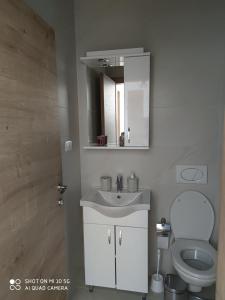 a bathroom with a toilet and a sink and a mirror at SeaView Apartment & Pool in Ulcinj
