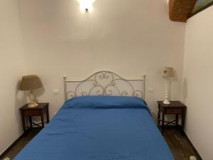 1 dormitorio con 1 cama azul y 2 mesitas de noche en B&B bottega 11, en Burchio