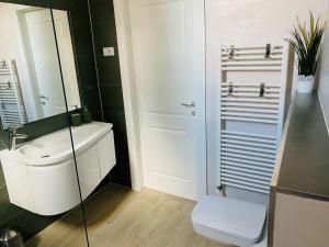 a bathroom with a toilet and a sink and a mirror at Suite № 7 in Braşov