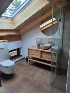 a bathroom with a toilet and a sink at Chiemseehof in Prien am Chiemsee +42 photos