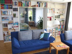 a living room with a blue couch and bookshelves at Das Blaue Haus - Ferienwohnung Schönherr in Kassel