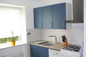 una cocina con armarios azules y fregadero en Das Blaue Haus - Ferienwohnung Schönherr en Kassel