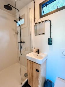a bathroom with a sink and a shower at Elysian Fields - The Island Tiny House in Sadu