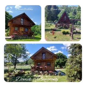 a collage of four pictures of a log cabin at Domki pod Lipą. in Liszna