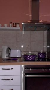 a kitchen with three pots and pans on a stove at Loft apartman in Jagodina