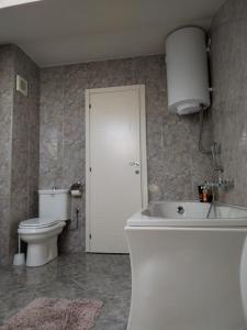 a bathroom with a toilet and a white sink at Loft apartman in Jagodina