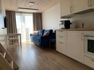 ein Wohnzimmer mit einem blauen Sofa und einer Küche in der Unterkunft Apartamentai “VASARA” Malūno vilose in Palanga