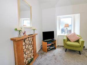 a living room with a television and a green chair at 20 Doune Cottage in Brechin