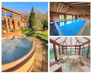 a collage of three pictures of a swimming pool at The Victorian Barn, Self-Catering Holidays with Pool and Hot Tubs, Dorset in Woolland