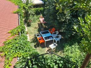 an overhead view of a garden with chairs and a table at Mi Casa es Tu Casa - Shkodra Backpackers Hostel in Shkodër