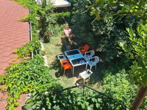 vistas panorámicas a un jardín con sillas y mesa en Mi Casa es Tu Casa - Shkodra Backpackers Hostel, en Shkodër
