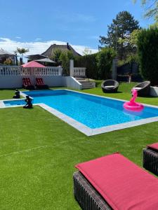 a swimming pool with a pink inflatable flamingo in the grass at LA VILLA Hôtel-Restaurant in Saverne