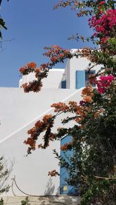 Um edifício branco com flores cor-de-rosa à frente. em Villa Mariza em Loutrá