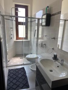 La salle de bains est pourvue d'une douche, de toilettes et d'un lavabo. dans l'établissement Da Lumi Relax, à Lans-l'Hermitage