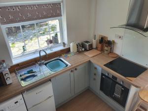 a small kitchen with a sink and a window at Boots Cottage in Bude