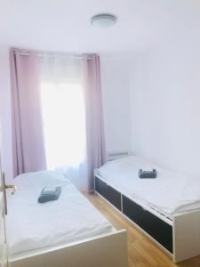 two beds in a room with a window at Beautiful Apartment near Geneva in Saint-Julien-en-Genevois