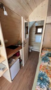 Kleines Zimmer mit einem Bett und einem Waschbecken in einer Hütte in der Unterkunft Tiny House Carlos in Stuer