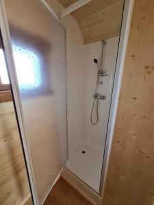 a shower in a bathroom with a white wall at Tiny House Carlos in Stuer