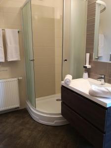 uma casa de banho com um chuveiro e um lavatório. em Parton Hotel & Bowling em Tiszakécske