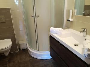 Parton Hotel & Bowling في تيسزاكيتسيكيه: حمام مع دش ومغسلة ومرحاض