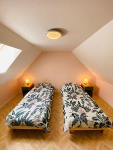 um quarto no sótão com 2 camas e 2 candeeiros em Domaine Armorica em La Chapelle-Neuve