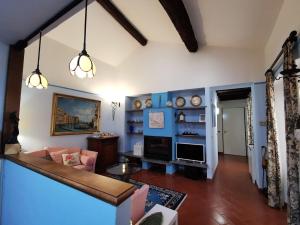 a living room with blue walls and a couch at Wonderful Penthouse in the Heart of Milan in Milan