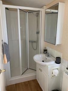 a bathroom with a shower and a sink at 157 Amour Caravan in Tywyn