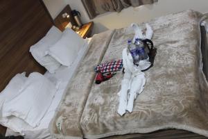 une personne dormant sur un lit dans une chambre d'hôtel dans l'établissement Rana's House, Mcleodganj, à McLeod Ganj